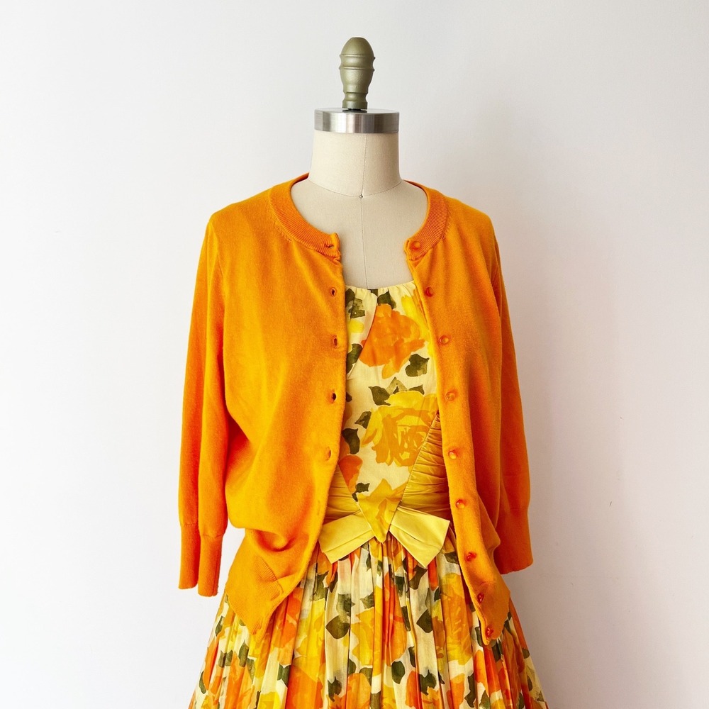 Tangerine Cardigan • Orange 3/4 Sleeve Button Front Crew Neck Sweater Size M